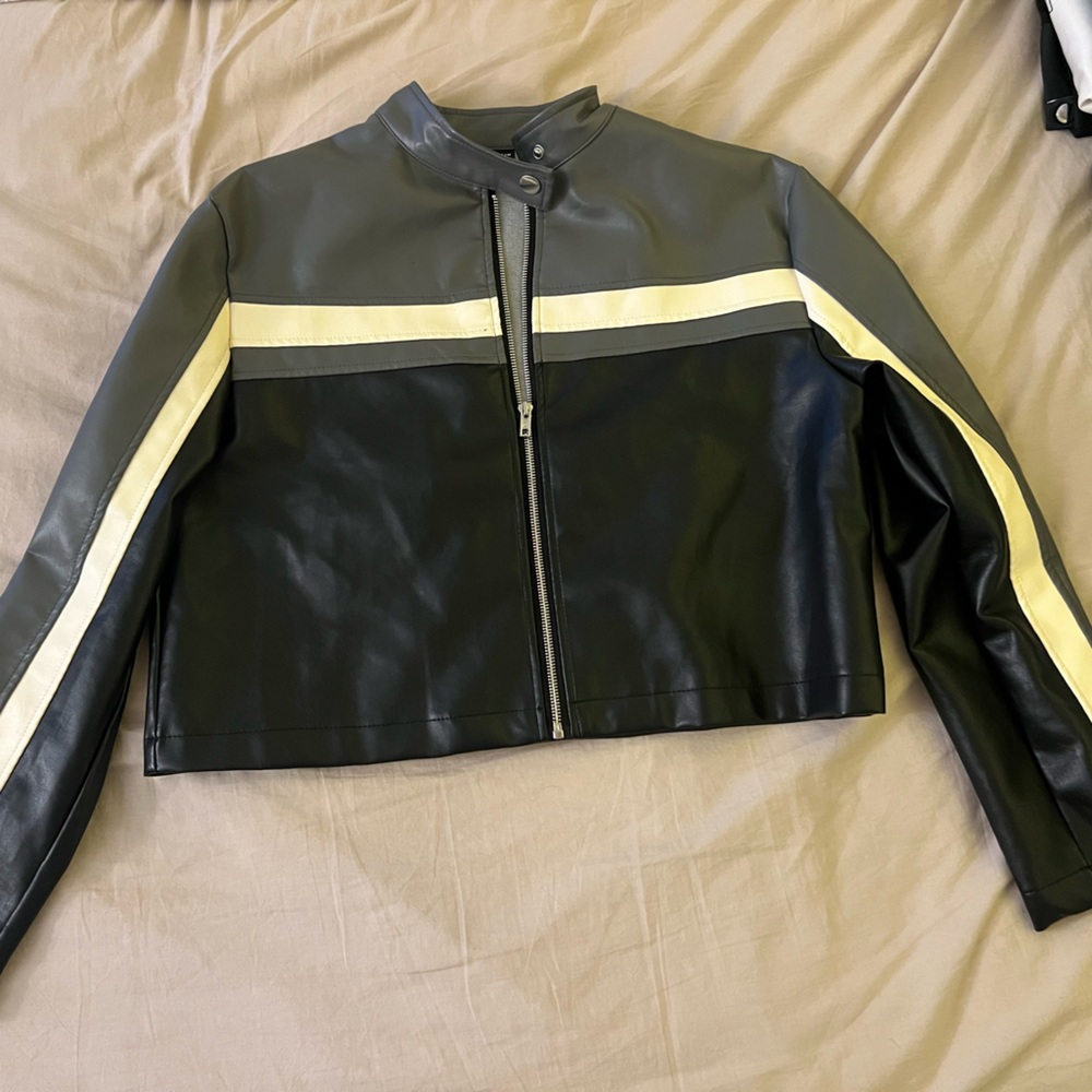 SHEIN Black and Gray Faux Leather Jacket